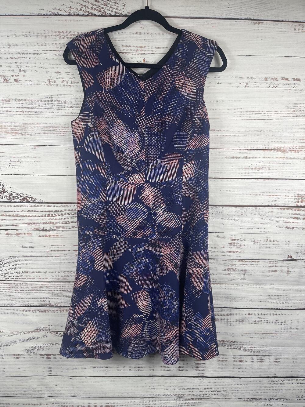 Rebecca Taylor Dress Women's 8 Blue Geometric V Neck Fit Flare Sleeveless Work
